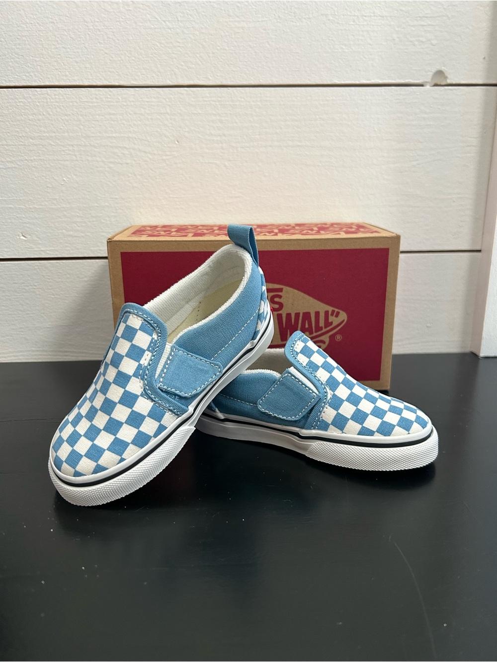 Vans Toddler Classic Slip-On Checkerboard Shoes - Light Blue/White